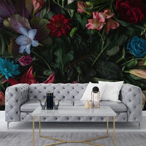 Vintage Flowers and Leaves Wallpaper, Nature Peel and Stick Wallpaper, Removable Self Adhesive Wall Mural, Dark Floral Wallpaper