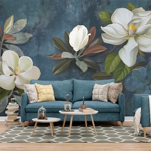 Large White Magnolia Flowers Wallpaper, Peel and Stick Wallpaper White Flowers on Blue Background, Removable Self Adhesive Wall Mural