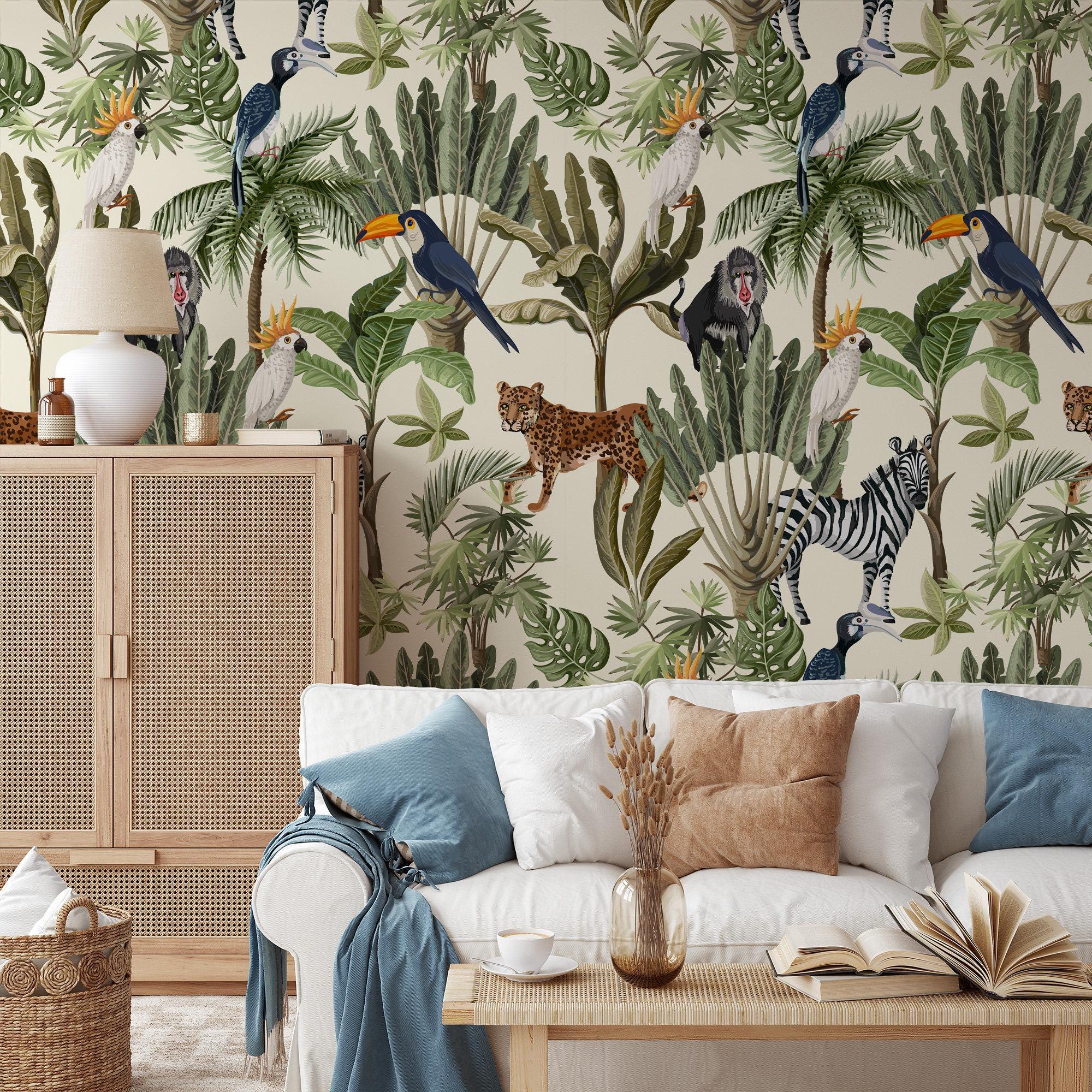 Tropical Animal Print Wallpaper, Safari Style, Peel and Stick Mural - Etsy