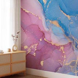 Pink And Blue Marble Texture Wallpaper, Luxury Fluid Art Wallpaper, Peel and Stick Marble Wallpaper, Self Adhesive Wall Mural