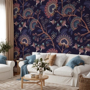 Traditional Floral Pattern Design with Navy Background Wallpaper, Floral Dark Background Wallpaper Peel and Stick, Self Adhesive Wallpaper