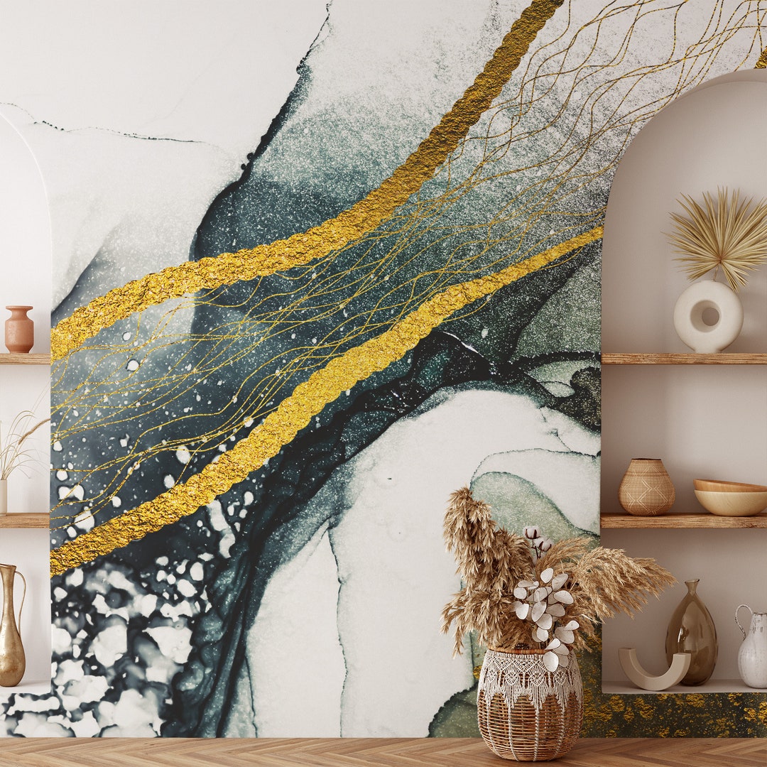 Abstract Art With Golden Waves Wallpaper, Peel and Stick Temporary ...