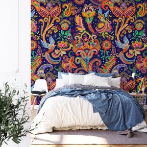 Colorful Traditional Style Floral Illustration Wallpaper, Peel and Stick Whimsical Wallpaper, Mixed Colored Birds Pattern Wallpaper