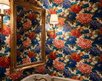 Maximalistische Blumentapete, Vintage-Wandbild aus Tiefblau und Terrakotta-Pfingstrose, Abnehmbarer Wanddekor für Akzentwand