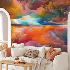 Bunte Sonnenuntergang Malerei Tapete, Temporäre Schälen und Stick Wandbild, Selbstklebende Abstrakte Bunte Wanddekoration, Moderne Tapete