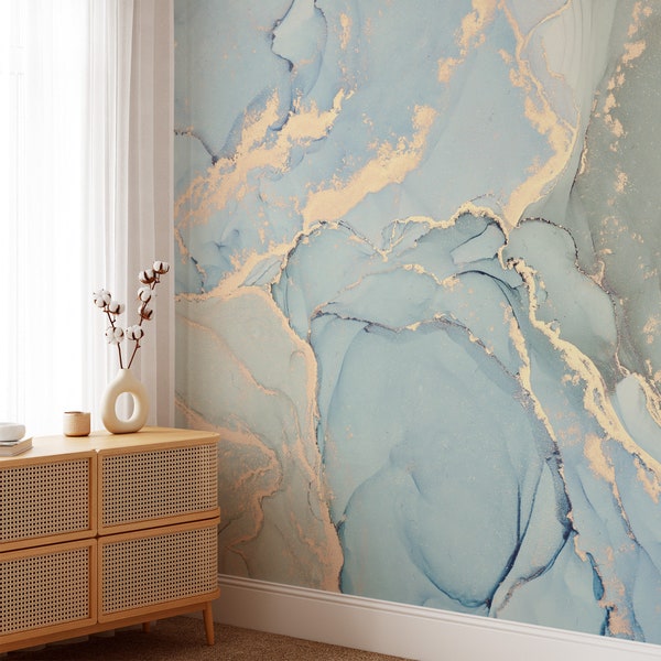Mint Green And Blue Marble Texture Wallpaper, Natural Luxury Marble Wallpaper, Peel and Stick Wall Murals for Living Room, Bedroom, Kitchen