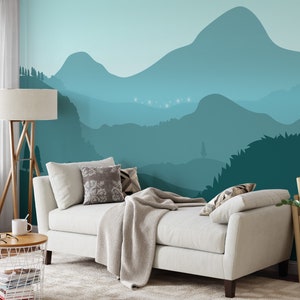 Teal Shades Colored Abstract Mountains Illustration Wallpaper, Peel and Stick Nature Wall Mural