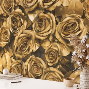 Große goldene Rosen Tapete, Gold aussehende Stoffrosen schälen und aufkleben, temporäres selbstklebendes Wandbild