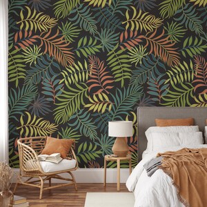 Tropical Floral Leaves Pattern with Dark Background Wallpaper, Peel and Stick Green Fern Wallpaper, Self Adhesive Botanical Wallpaper