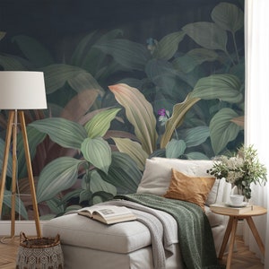 Green Leaves and Bushes with a Dark Background Wallpaper, Peel and Stick Leaf Wallpaper, Self Adhesive Green Leaves Wall Mural