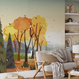 Carta da parati con illustrazione della foresta ispirata all'autunno in stile cartone animato, carta da parati con paesaggio staccabile e attaccabile, murale autoadesivo con foglie autunnali che cadono