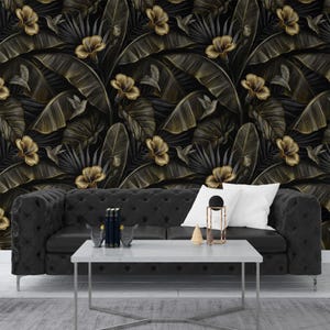 Gold Looking Flowers with Large Leaves Wallpaper, Luxury Wallpaper Peel and Stick, Dark Flowers Wall Mural, Self Adhesive Wallpaper
