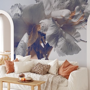 White Peony Flowers on White Background Wallpaper, Flowers Close-up Self Adhesive Wallpaper, Floral Peel and Stick Wall Mural