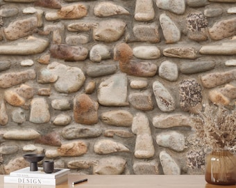 River Stone Wallpaper, Rustic Pebble Wall Mural, Peel and Stick