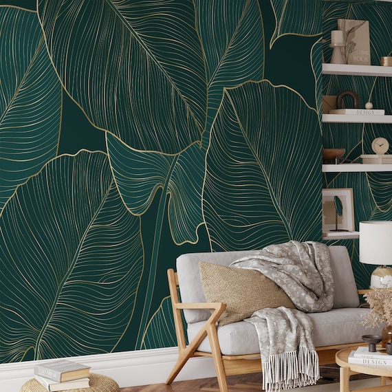 Dark Green Monstera Leaves With Golden Line Art Wallpaper - Etsy Dark Green Monstera Leaves With Golden Line Art Wallpaper - Etsy