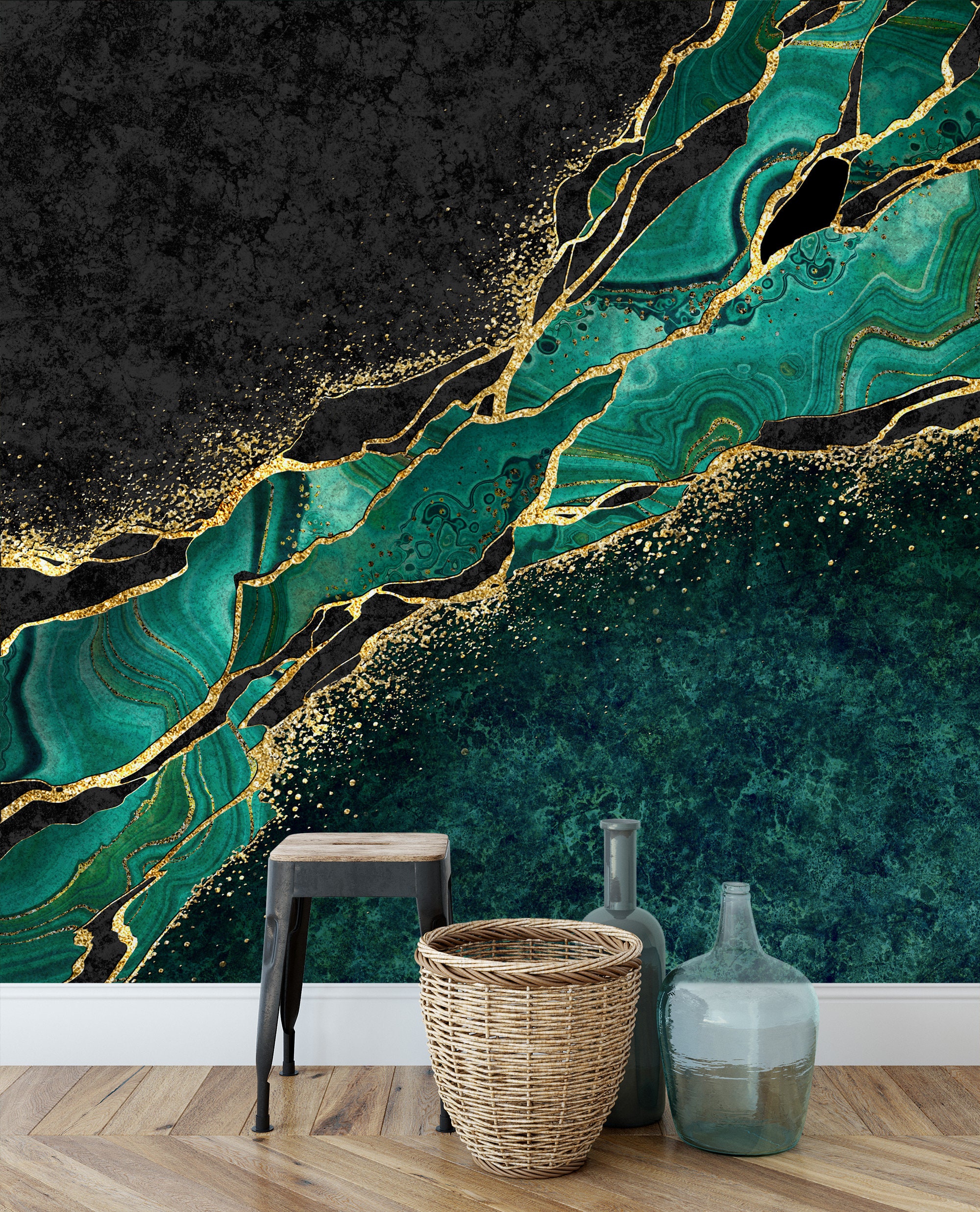 Green Marble With Golden Splash Wallpaper, Gold Veins Wall Mural