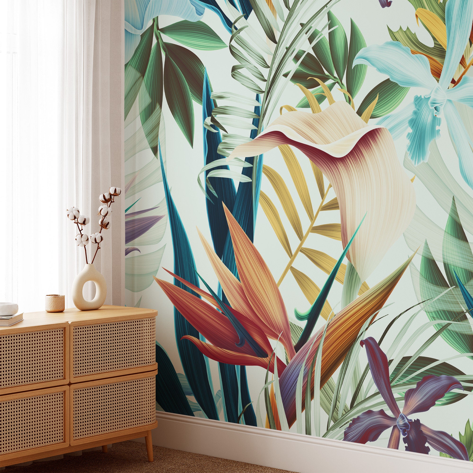 Papel pintado Pelar y Pegar, línea floral exótica tropical, hojas de palma  doradas, costuras de flores, gran removedor de papel tapiz, autoadhesivo
