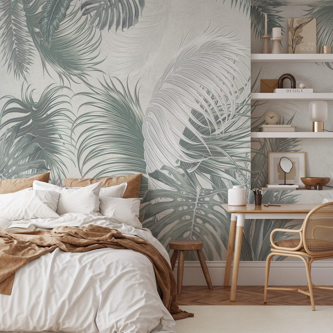 Tropical Leaves Peel and Stick Wallpaper, Muted Green Mural - Etsy