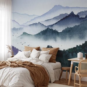 Water Color Style Abstract Misty Mountains Wallpaper, Peel and Stick Nature Wallpaper, Self Adhesive Foggy Mountains Wall Mural