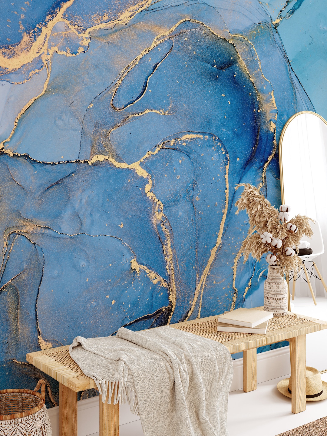 Luxury Blue Marble Effect Wallpaper, Marble Wallpaper, Luxury Marble