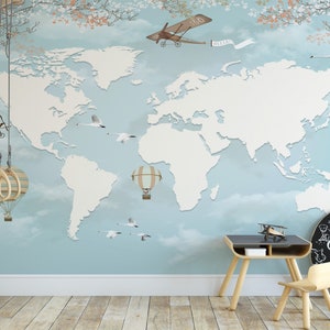 Papier peint carte du monde bleu clair pour chambre d'enfant, papier peint carte du monde autocollant, décoration murale auto-adhésive pour chambre d'enfants