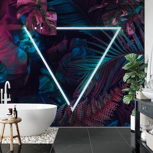 Carta da parati con foglie tropicali rosa neon e blu con un triangolo centrale, carta da parati geometrica staccabile e adesiva, murale autoadesivo con foglie