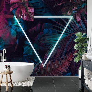 Neon Pink and Blue Tropical Leaves Wallpaper with a Centered Triangle Light, Peel and Stick Geometric Wallpaper, Self Adhesive Leaf Mural