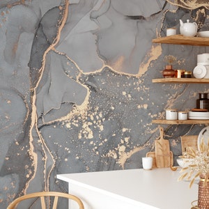 Grey and Gold Marble Texture Wallpaper, Fluid Art Marble Wallpaper, Peel and Stick Self Adhesive Wallpaper, Removable Wall Mural