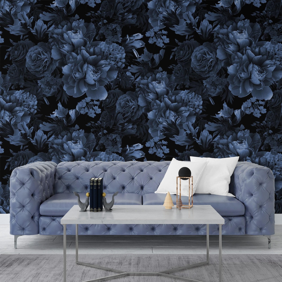 Dark Blue Floral Peel and Stick Wallpaper, Black Wall Mural - Etsy