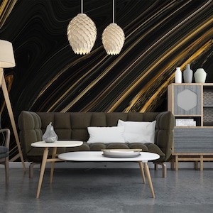 Abstrakte flüssige Kunst-Tapete in Schwarz und Gold, flüssige Wellen zum Abziehen und Aufkleben, selbstklebendes Wandbild