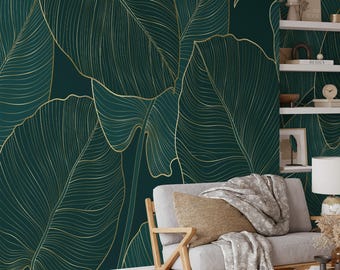Dark Green Monstera Leaves with Golden Line Art Wallpaper, Peel and Stick Leaf Wallpaper, Self Adhesive Nature Wallpaper for Bathroom