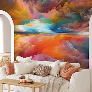 Colorful Sunset Painting Wallpaper, Temporary Peel and Stick Wall Mural, Self Adhesive Abstract Colorful Wall Decoration, Modern Wallpaper