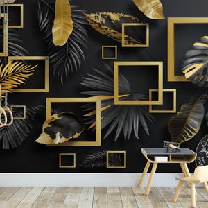 Geometric Black And Gold Leaves Wallpaper, Geometric Temporary Wall Mural, Self Adhesive Wallpaper, Modern Peel and Stick Wallpaper