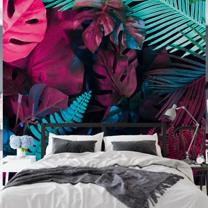 Carta da parati con foglie tropicali rosa neon e blu, carta da parati con foglie di monstera staccabili e attaccabili, murale con carta da parati con foglie colorate rimovibile