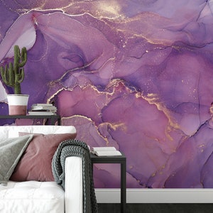 Purple And Pink Shades Marble Texture Wallpaper, Acrylic Paints Wall Mural, Peel and Stick Gold Wallpaper