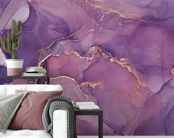 Fondo de pantalla de textura de mármol de tonos púrpura y rosa, mural de pared de pinturas acrílicas, papel pintado de oro de pelar y pegar