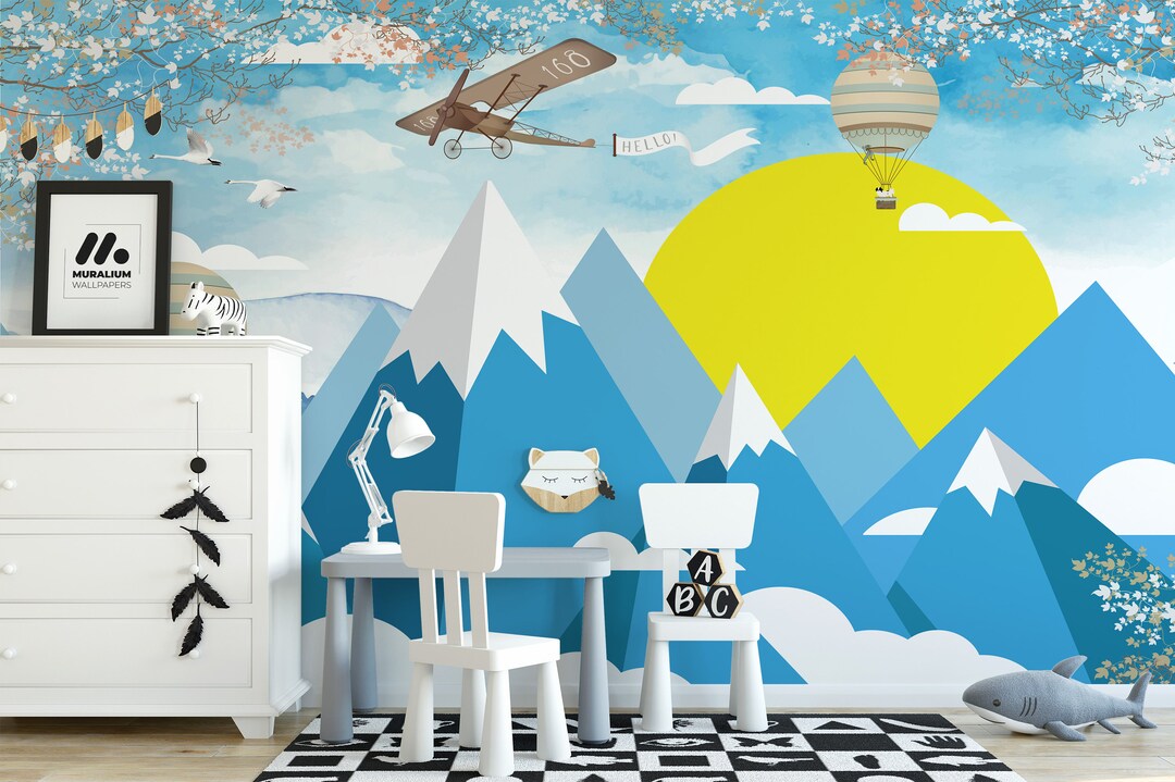 Blue Nursery Wallpaper With Mountains, Peel and Stick Hot Air Balloons