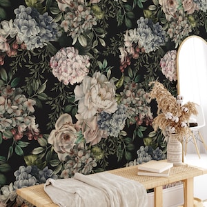 Dark Style Flowers And Leaves Wallpaper, Vintage Effect Mixed Flowers Peel and Stick Wall Mural, Self Adhesive Removable Wallpaper