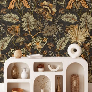Vintage Style Floral Illustration with Leaves Wallpaper, Retro Orange Flowers Wallpaper, Peel and Stick 60s 70s Wallpaper