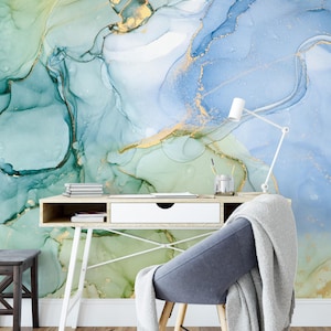 Grün, Blau und Gelb Marmor Texture Wallpaper, Fluid Art Translucent Wallpaper, Peel and Stick Wallpaper für Wohnzimmer, Schlafzimmer, Küche