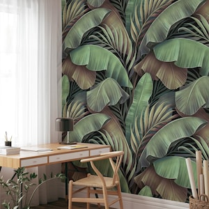 Large Tropical Green Banana Leaves Pattern Wallpaper, Peel and Stick Green and Brown Leaf Wallpaper, Self Adhesive Nature Wallpaper