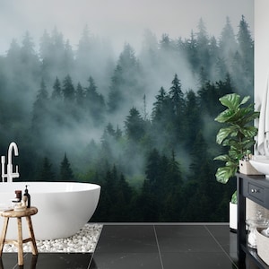Papier peint forêt vert foncé brumeux, papier peint nature brumeuse peel and stick, papier peint auto-adhésif sapin, papier peint arbre, décoration murale de chambre à coucher