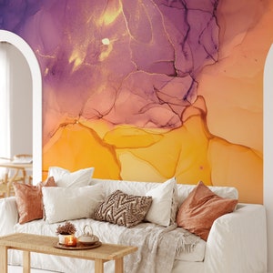 Orange And Purple Ink Art Wallpaper, Translucent Fluid Art Removable Wallpaper, Peel and Stick Wall Mural, Self Adhesive Living Room Mural