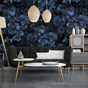 Dark Blue Floral Wallpaper, Black and Blue Wall Mural, Floral Peel and Stick Wallpaper, Self Adhesive Wallpaper