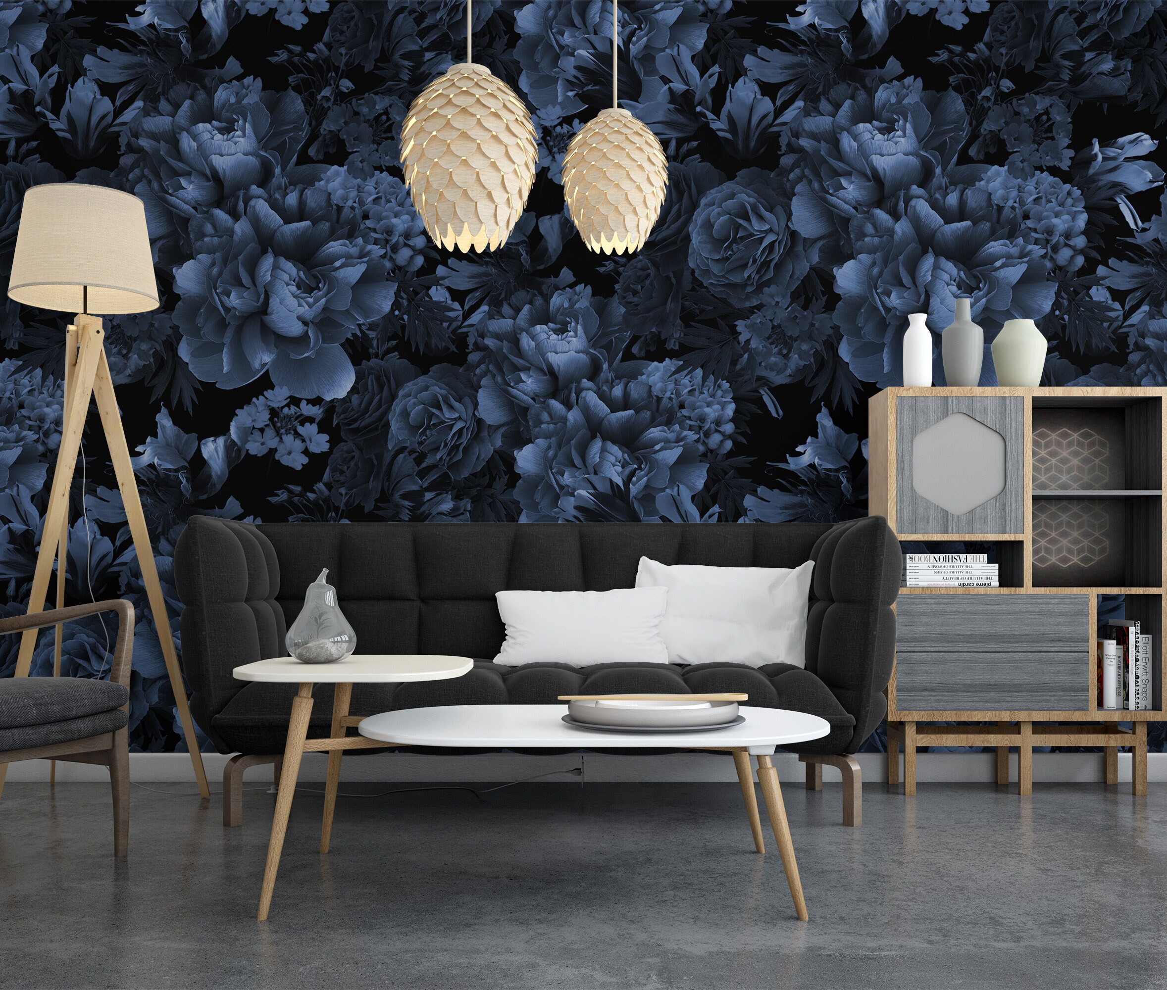 Dark Blue Floral Wallpaper Black and Blue Wall Mural Floral Etsy