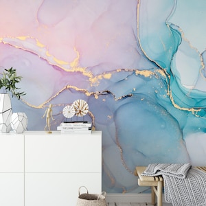 Colorful Pastel Colors Ink Art Wallpaper, Luxury Marble Wallpaper Peel and Stick, Self Adhesive Wall Mural for Living Room, Bedroom, Kitchen
