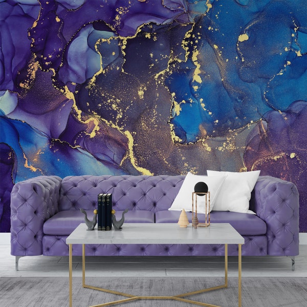 Dark Blue And Purple Marble Effect Wallpaper, Alcohol Ink Art Wallpaper, Peel and Stick Luxury Wallpaper, Self Adhesive Wall Mural