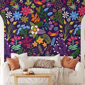 Various Colorful Flower Design Illustration Wallpaper, Mixed Colored Whimsical Wallpaper, Peel and Stick Floral Removable Wallpaper