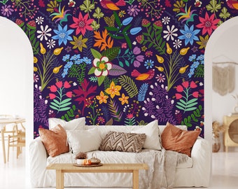 Various Colorful Flower Design Illustration Wallpaper, Mixed Colored Whimsical Wallpaper, Peel and Stick Floral Removable Wallpaper