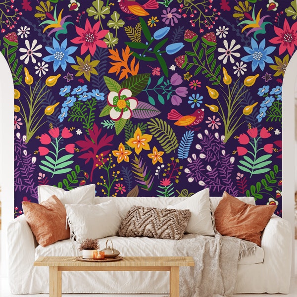 Various Colorful Flower Design Illustration Wallpaper, Mixed Colored Whimsical Wallpaper, Peel and Stick Floral Removable Wallpaper
